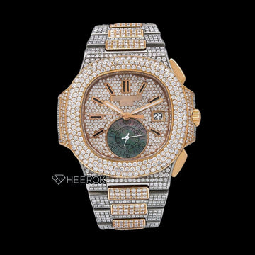 Patek Philippe Nautilus Rose Gold Dial Stick Markers Diamond Bezel Two-Tone Rose Gold Moissanite Diamonds Front View.