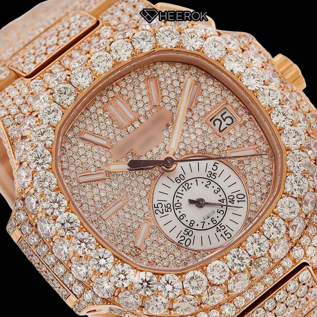 Patek Philippe Nautilus Rose Gold Full Pave Dial Large Round Diamond Bezel Fully Iced Moissanite Diamond Front View.