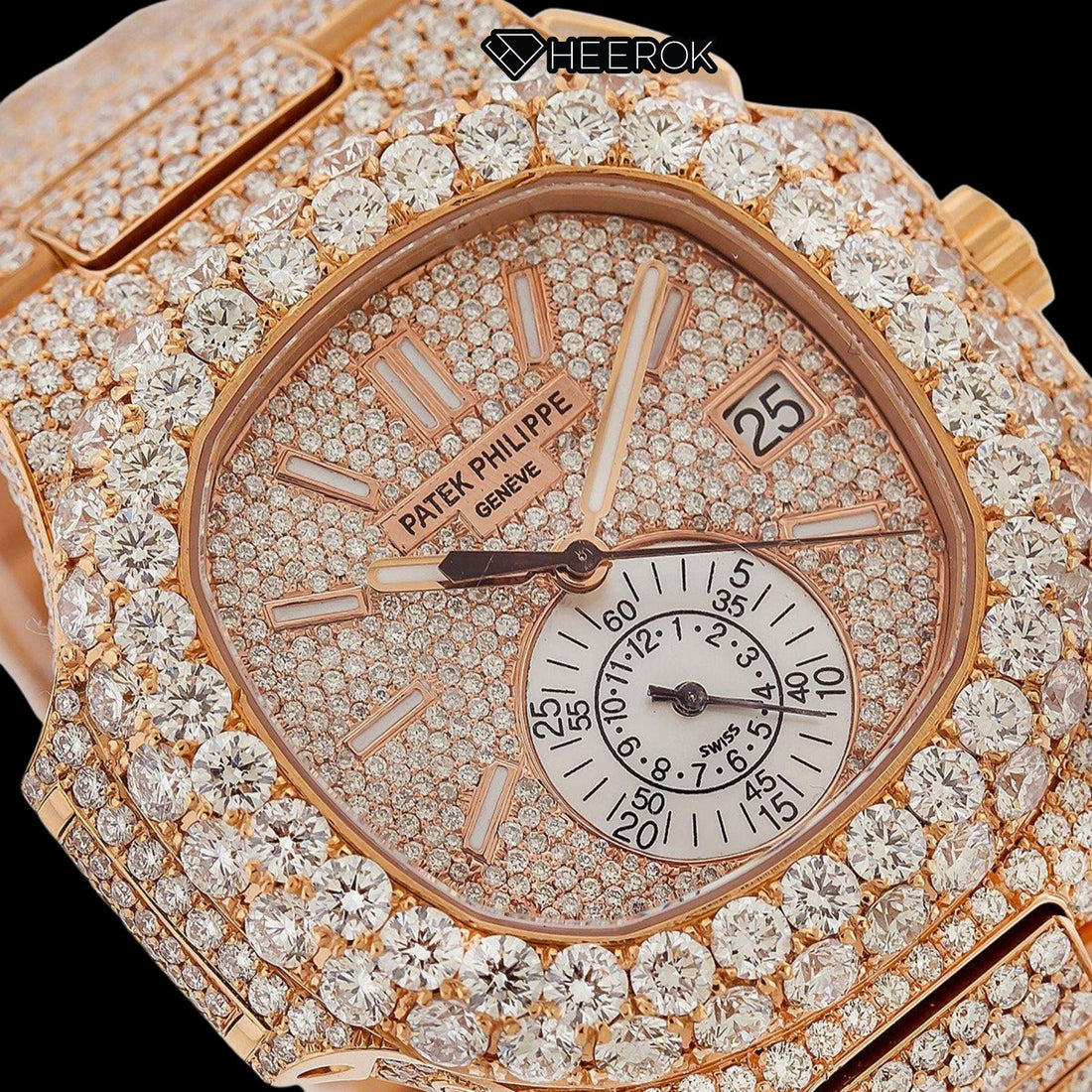 Patek Philippe Nautilus Rose Gold Full Pave Dial Large Round Diamond Bezel Fully Iced Moissanite Diamond Front View