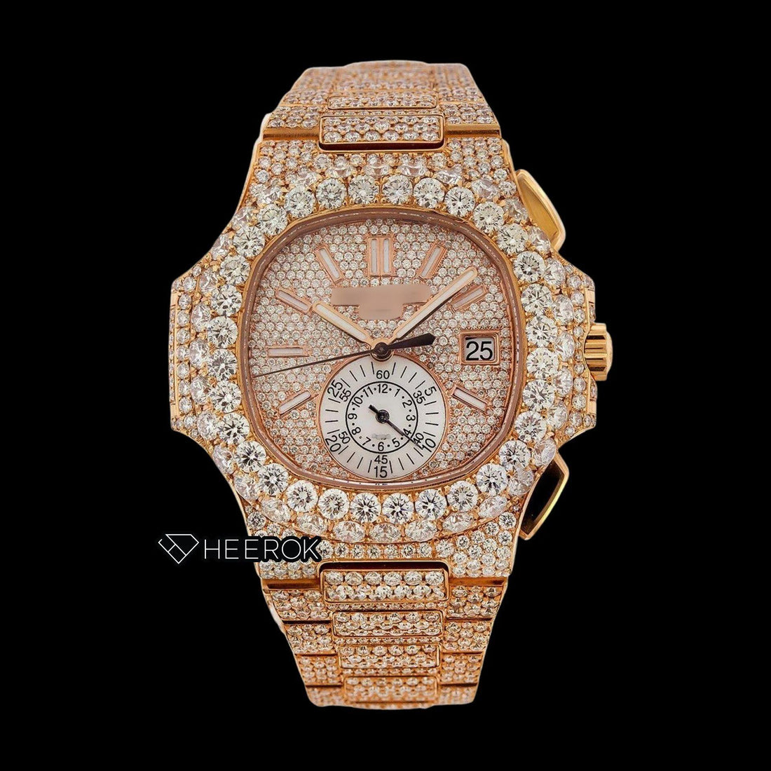 Patek Philippe Nautilus Rose Gold Full Pave Dial Large Round Diamond Bezel Fully Iced Moissanite Diamond Front View.