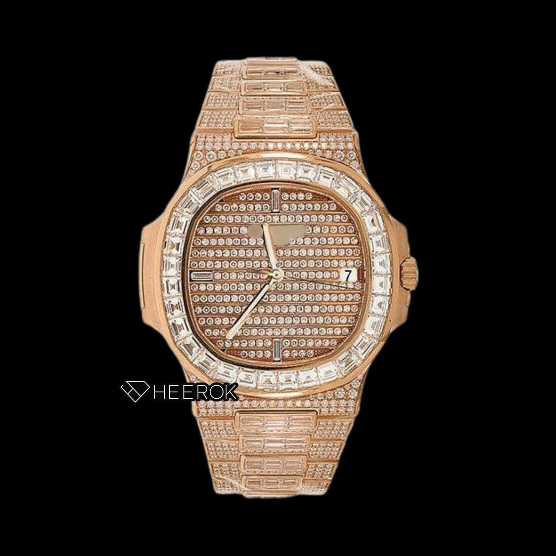 Patek Philippe Nautilus Rose Gold Pave Dial Baguette Diamond Bezel Fully Iced Moissanite Diamond Front View.