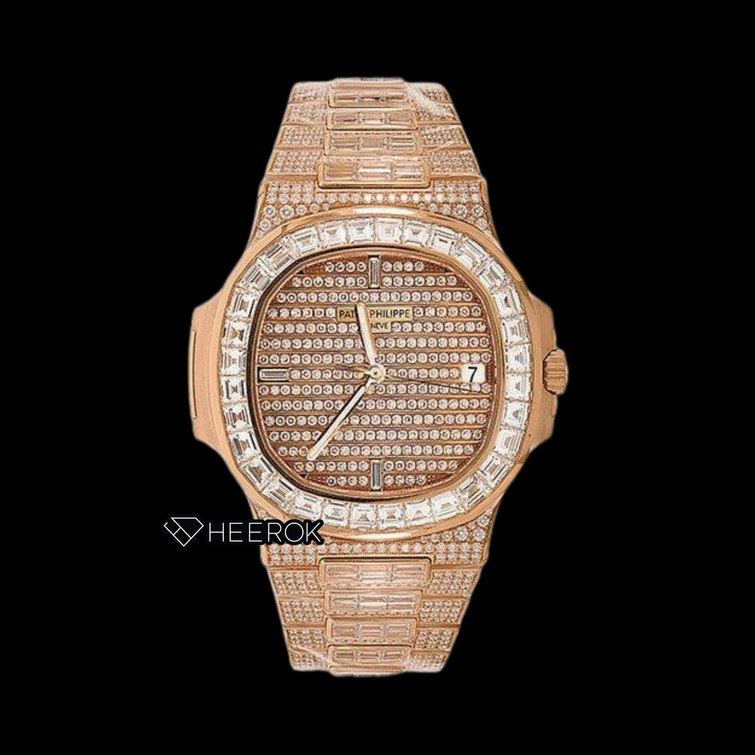 Patek Philippe Nautilus Rose Gold Pave Dial Baguette Diamond Bezel Fully Iced Moissanite Diamond Front View