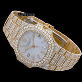 Patek Philippe Nautilus White Dial Baguette Diamond Markers Diamond Bezel Yellow Gold Moissanite Diamond Watch Front View.