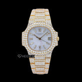 Patek Philippe Nautilus White Dial Baguette Diamond Markers Diamond Bezel Yellow Gold Moissanite Diamond Watch Front View.