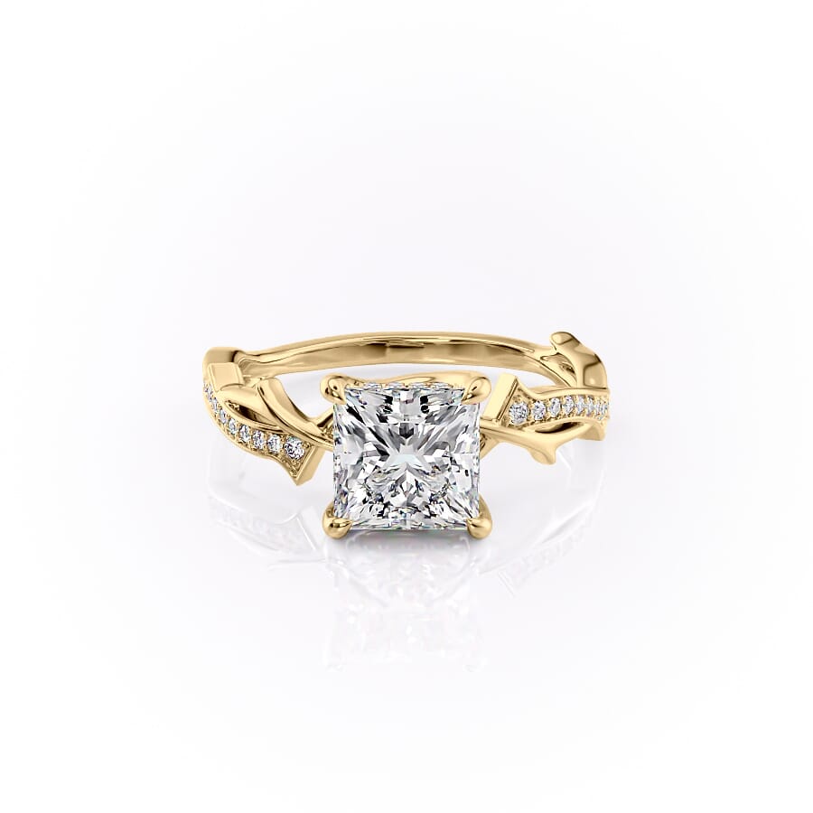 Prism Vine 2.20 Carat VVS Lab-Grown Princess Three-Stone Pave Engagement Ring in 18K Yellow Gold Front View