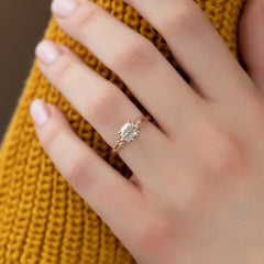 Prismatic Whisper 1.05 Carat VVS1 Lab‑Grown Cushion Textured Three Stone Ring in 18K Rose Gold Finger Closeup View