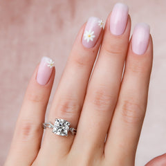 Prismatic Whisper 1.05 Carat VVS1 Lab‑Grown Cushion Textured Three Stone Ring in 18K White Gold Finger 
Closeup View