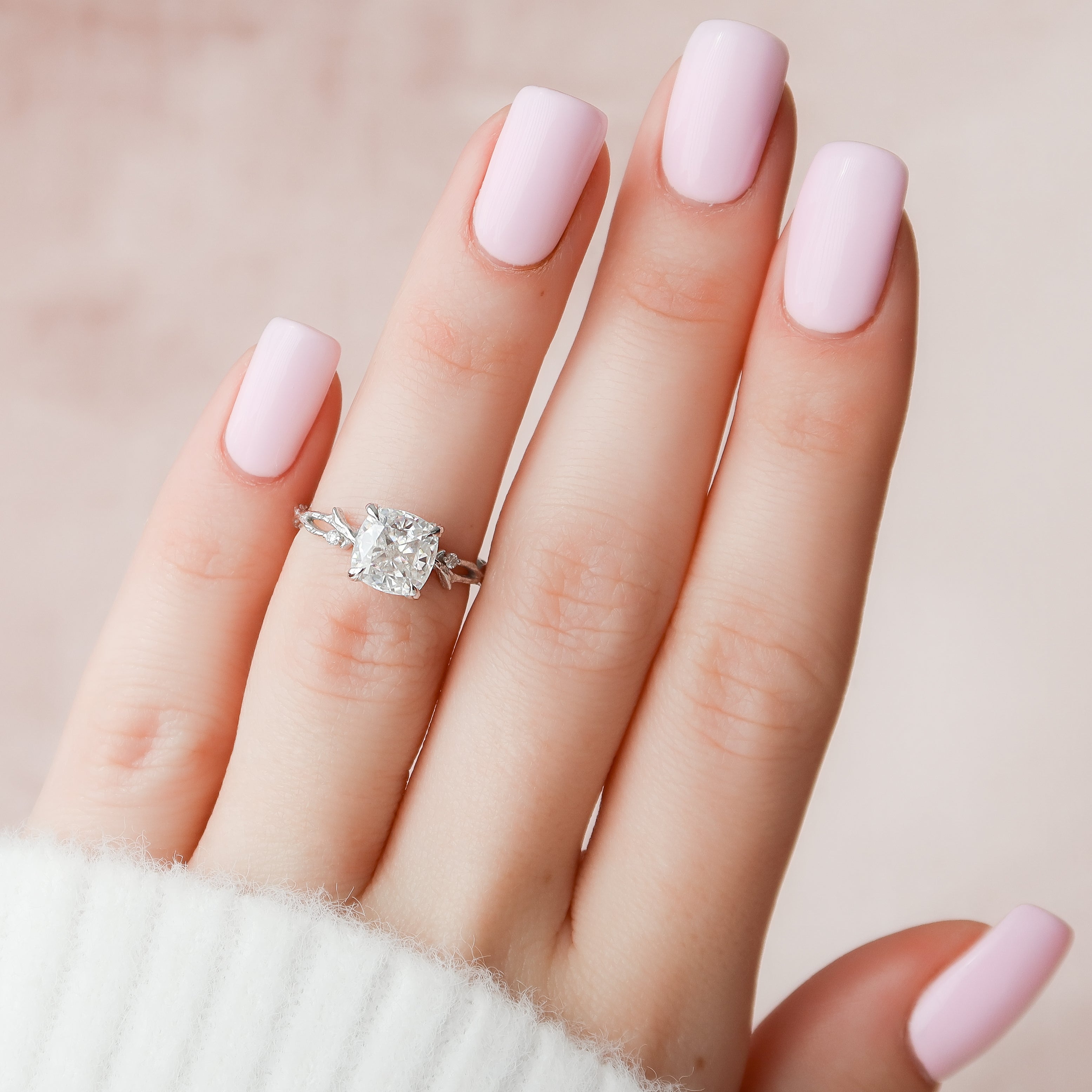 Prismatic Whisper 1.05 Carat VVS1 Lab‑Grown Cushion Textured Three Stone Ring in 18K White Gold Finger View