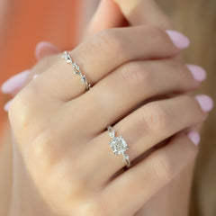 Prismatic Whisper 1.05 Carat VVS1 Lab‑Grown Cushion Textured Three Stone Ring in 18K White Gold Hand View