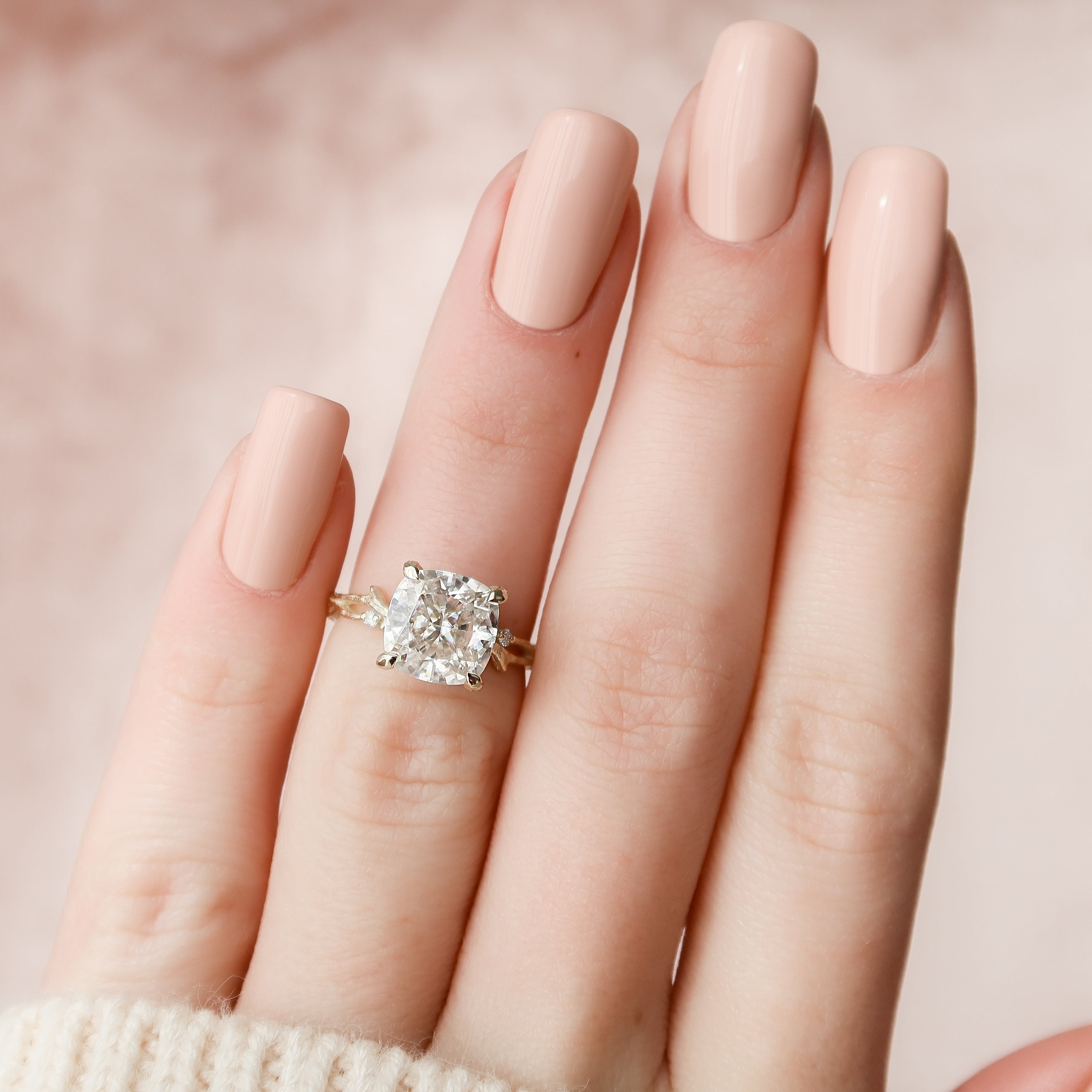 Prismatic Whisper 1.05 Carat VVS1 Lab‑Grown Cushion Textured Three Stone Ring in 18K Yellow Gold Finger  View