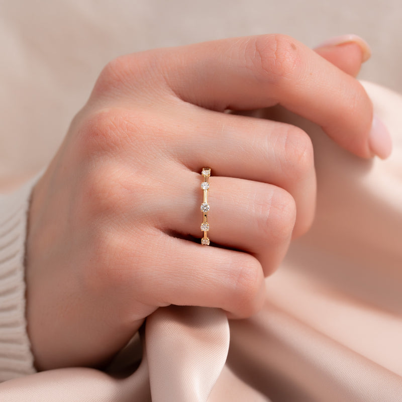 Radiant Bloom VVS1 Lab-Grown Half-Eternity Wedding Ring in 18K Yellow Gold Closeup Finger View