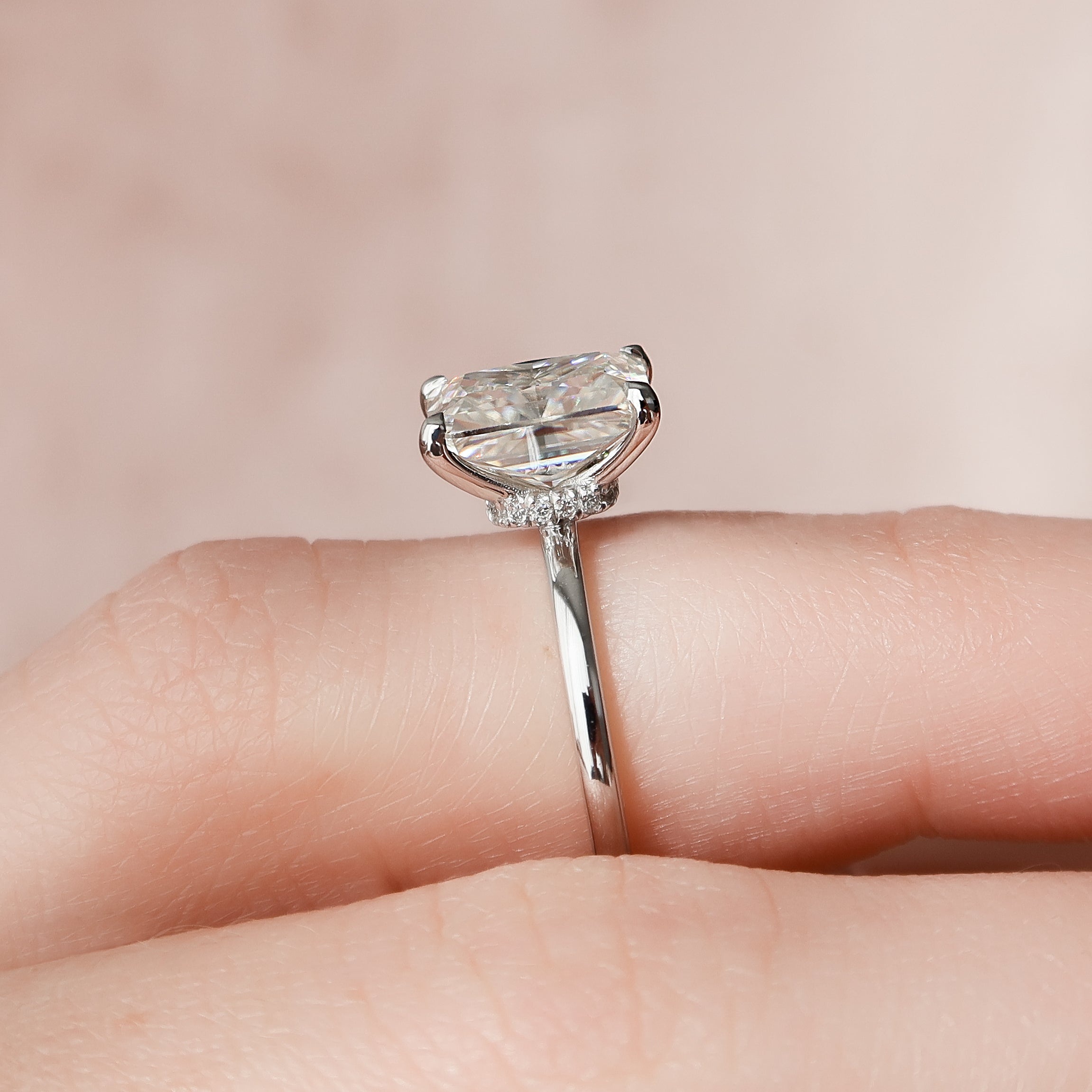 Radiant Glory 3.02 Carat VVS1 Lab-Grown Hidden Halo Engagement Ring in 18K White Gold Finger Closeup View