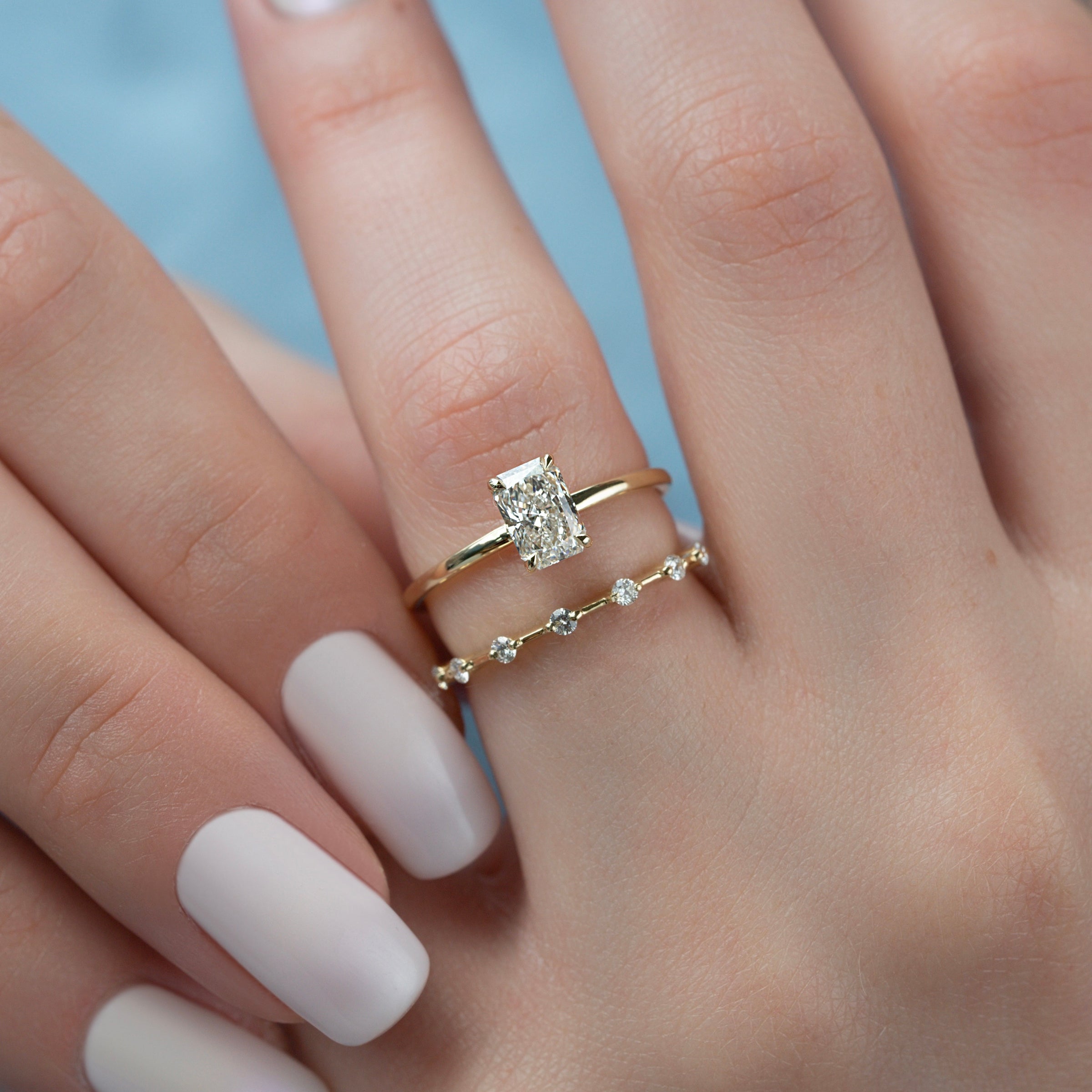 Radiant Glory 3.02 Carat VVS1 Lab-Grown Hidden Halo Engagement Ring in 18K Yellow Gold Finger Front View 