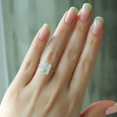 Radiant Glory 3.02 Carat VVS1 Lab-Grown Hidden Halo Engagement Ring in 18K Yellow Gold Finger View 