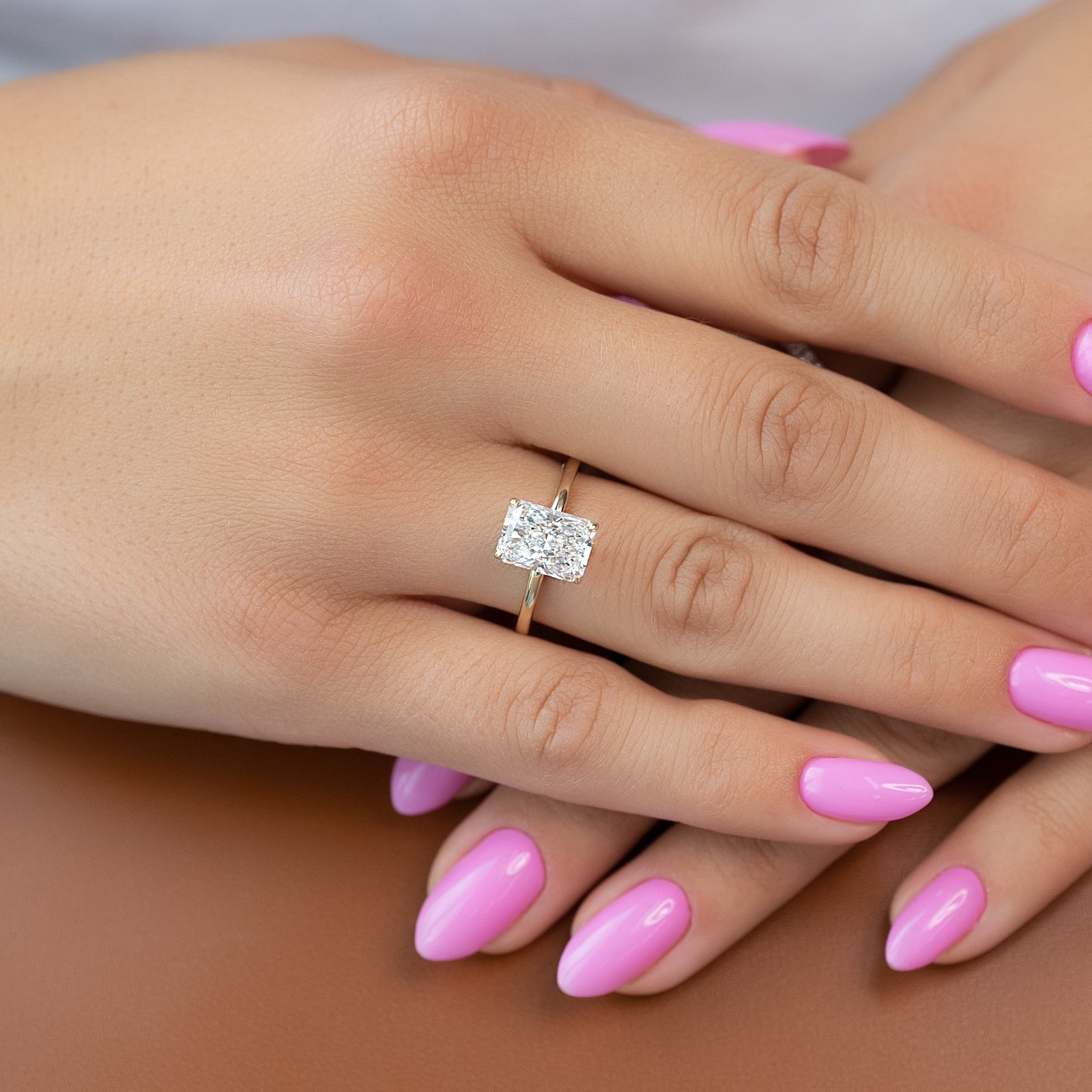 Radiant Glory 3.02 Carat VVS1 Lab-Grown Hidden Halo Engagement Ring in 18K Yellow Gold Hand View 