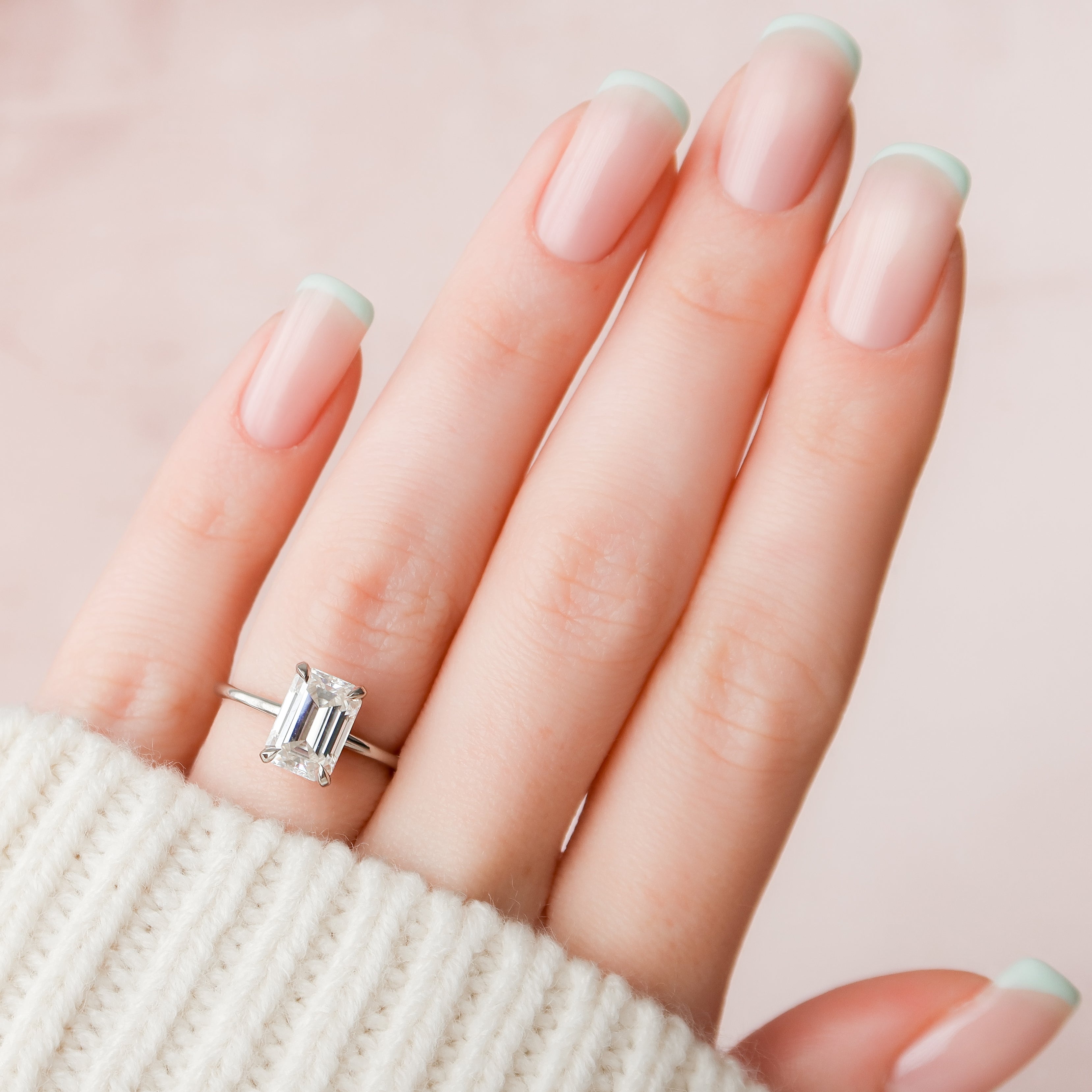 Regal Prism Emerald 2.52 Carat VVS1 Lab-Grown Hidden Halo Engagement Ring in 18K White Gold Finger View