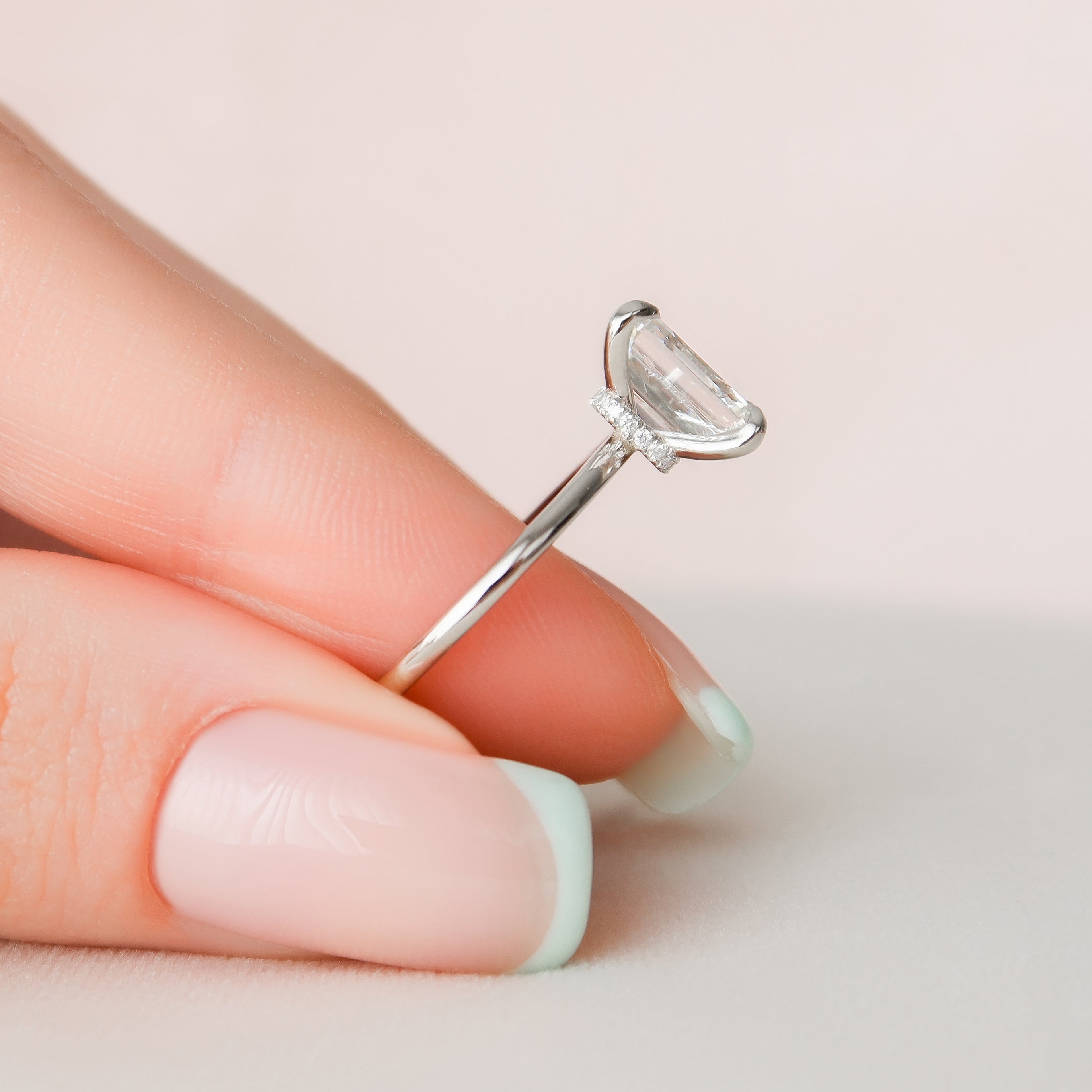 Regal Prism Emerald 2.52 Carat VVS1 Lab-Grown Hidden Halo Engagement Ring in 18K White Gold Hand View