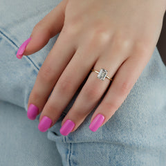 Regal Prism Emerald 2.52 Carat VVS1 Lab-Grown Hidden Halo Engagement Ring in 18K Yellow Gold Hand View