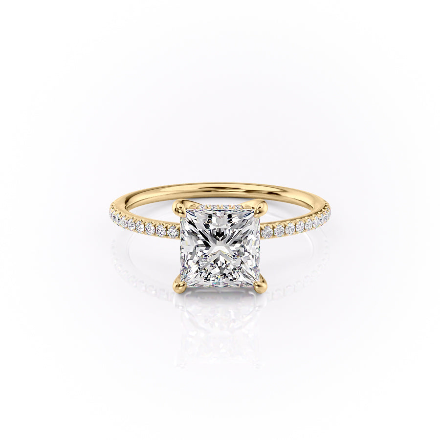Regalia 1.42 Carat VVS Lab-Grown Princess Hidden Halo Pave Engagement Ring in 18K Yellow Gold Front View