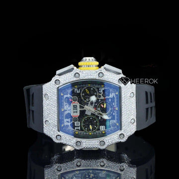 Richard Mille RM Tonneau Case Blue Dial Chronograph Diamond Bezel Semi Iced Moissanite Diamond Black Rubber Strap Front Close View