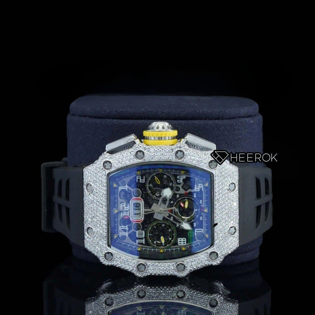 Richard Mille RM Tonneau Case Blue Dial Chronograph Diamond Bezel Semi Iced Moissanite Diamond Black Rubber Strap Front View