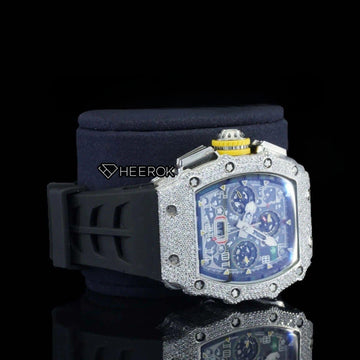 Richard Mille RM Tonneau Case Blue Dial Chronograph Diamond Bezel Semi Iced Moissanite Diamond Black Rubber Strap Right Side View