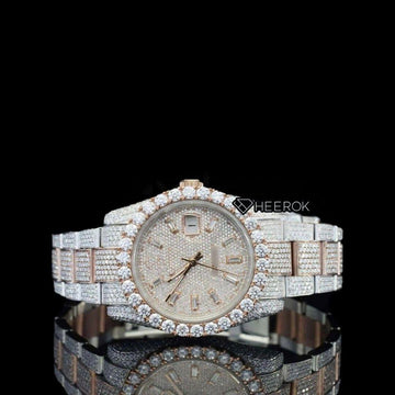 Rolex Datejust Baguette Diamond Dial Large Round Diamond Bezel Two Tone Rose Gold Moissanite Diamond Oyster Bracelet Front View.