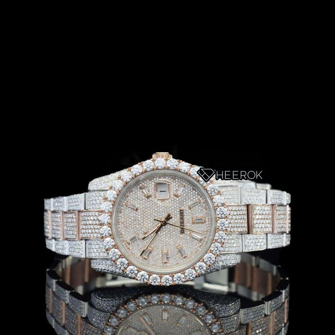 Rolex Datejust Baguette Diamond Dial Large Round Diamond Bezel Two Tone Rose Gold Moissanite Diamond Oyster Bracelet Front View