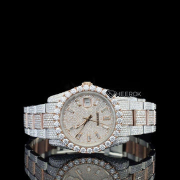 Rolex Datejust Baguette Diamond Dial Large Round Diamond Bezel Two Tone Rose Gold Moissanite Diamond Oyster Bracelet Front View