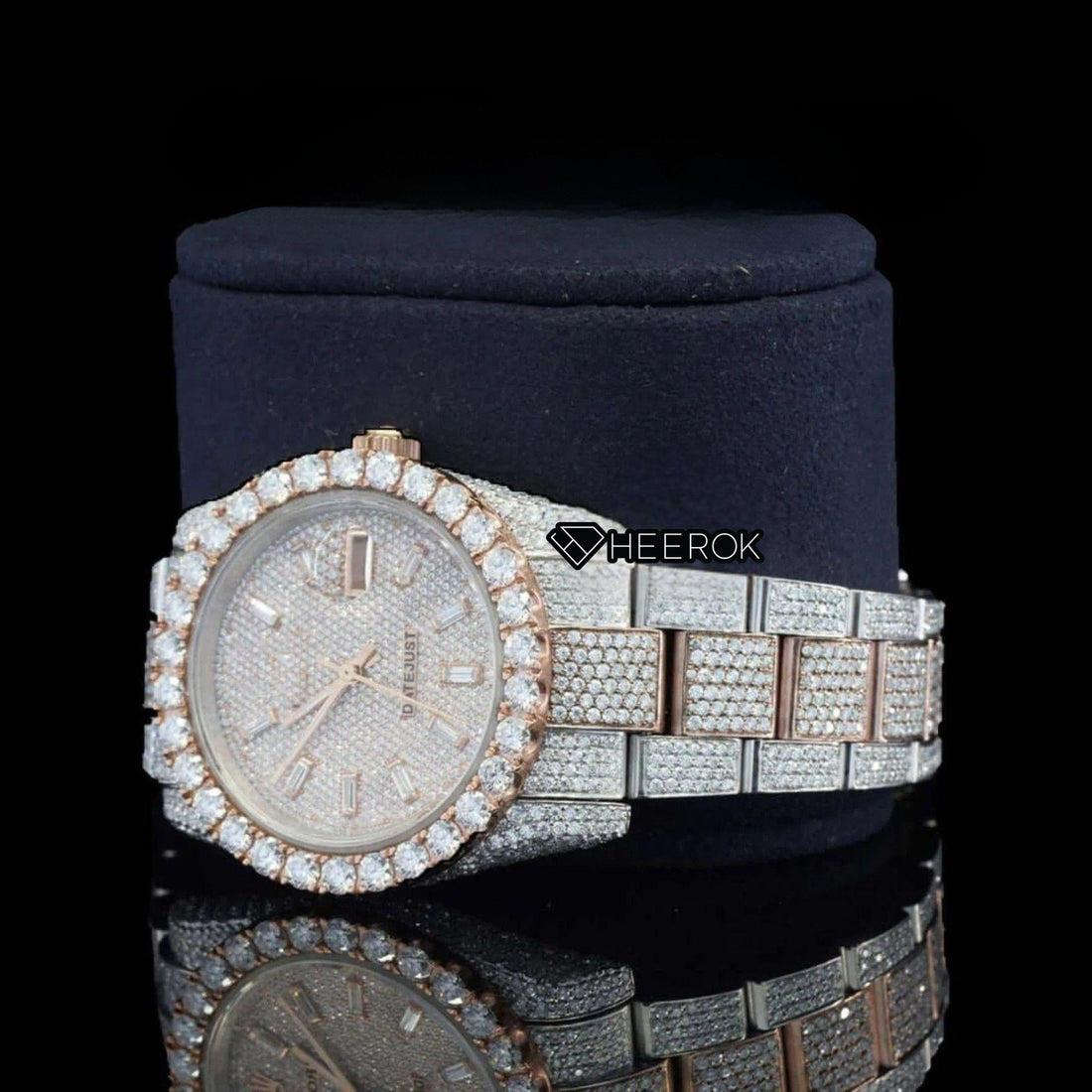 Rolex Datejust Baguette Diamond Dial Large Round Diamond Bezel Two Tone Rose Gold Moissanite Diamond Oyster Bracelet Front View