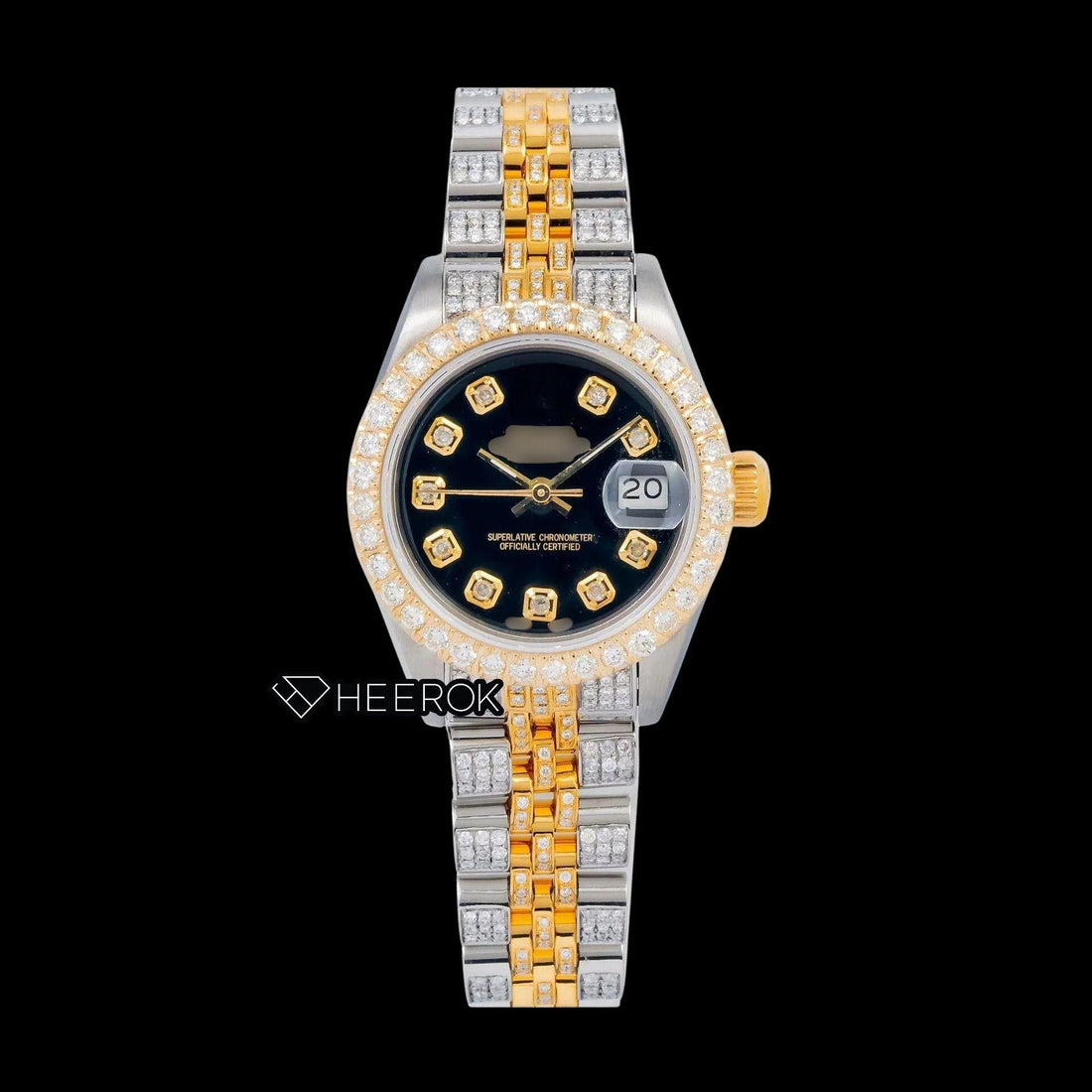 Rolex Datejust Black Dial Diamond Markers Diamond Bezel Two Tone Yellow Gold Fully Iced Moissanite Diamond Jubilee Bracelet For Women Front View