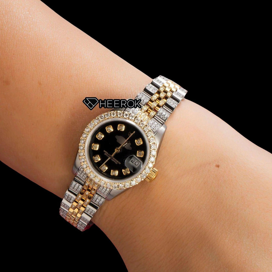 Rolex Datejust Black Dial Diamond Markers Diamond Bezel Two Tone Yellow Gold Fully Iced Moissanite Diamond Jubilee Bracelet For Women Front View