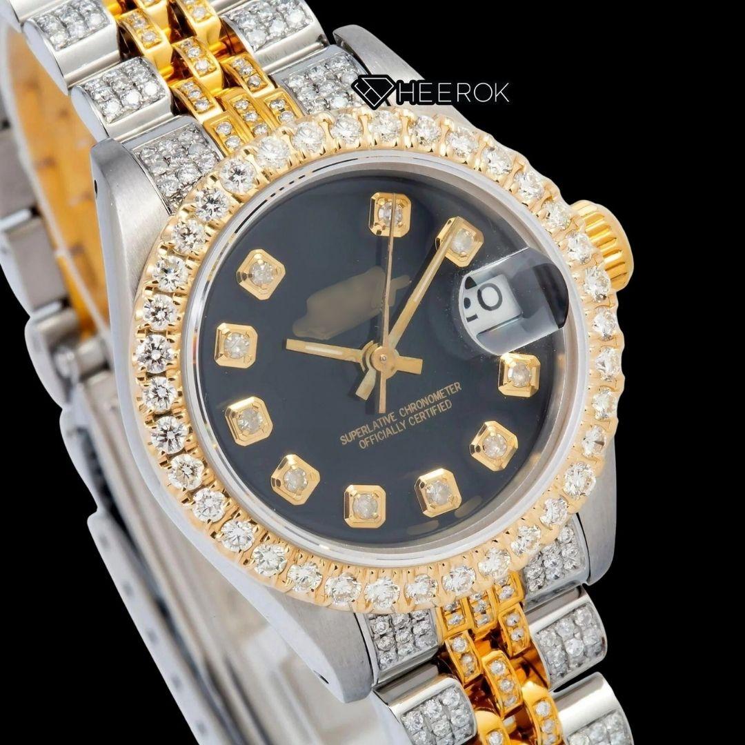 Rolex Datejust Black Dial Diamond Markers Large Diamond Bezel Two Tone Yellow Gold Moissanite Diamond Jubilee Bracelet For Women Front View.