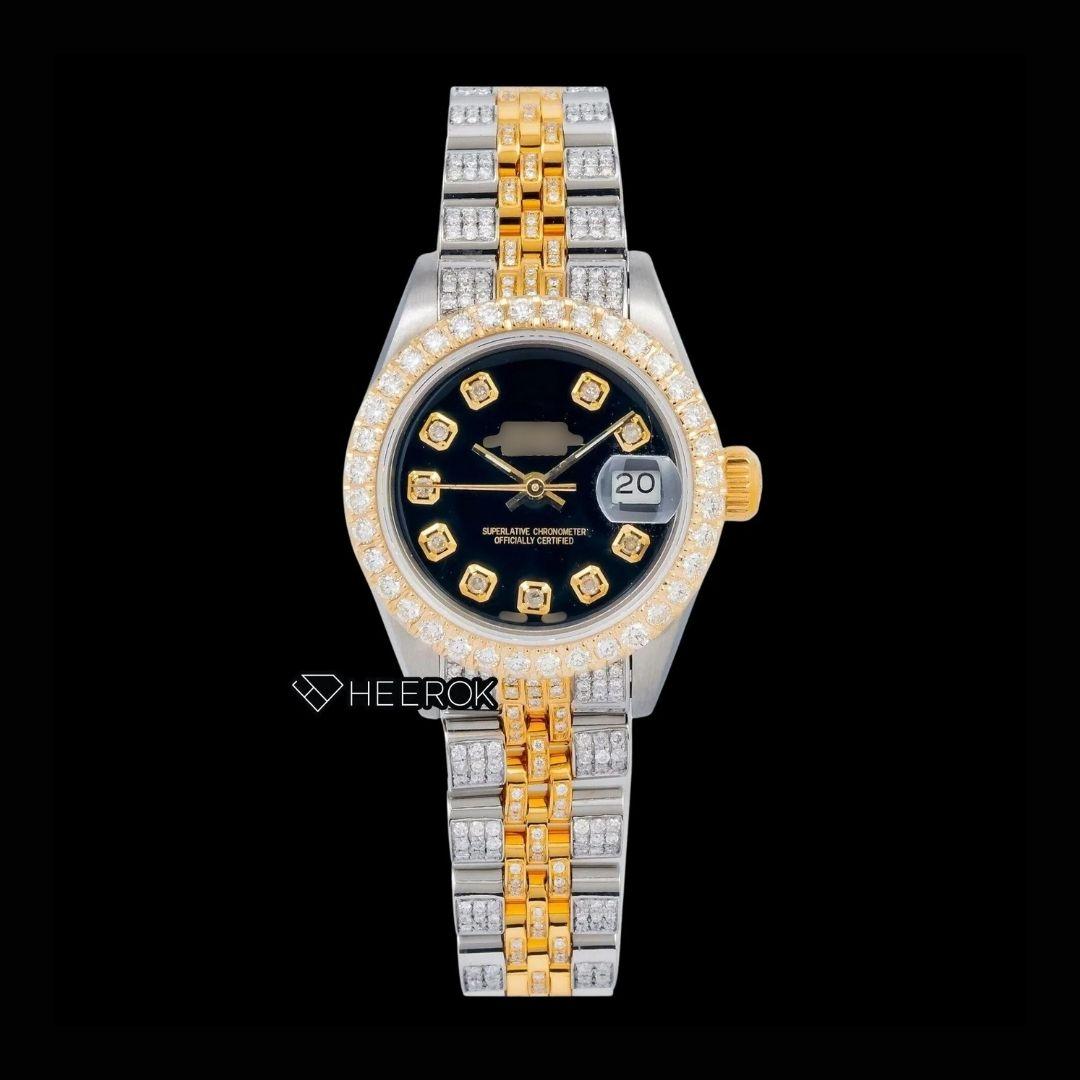 Rolex Datejust Black Dial Diamond Markers Large Diamond Bezel Two Tone Yellow Gold Moissanite Diamond Jubilee Bracelet For Women Front View.