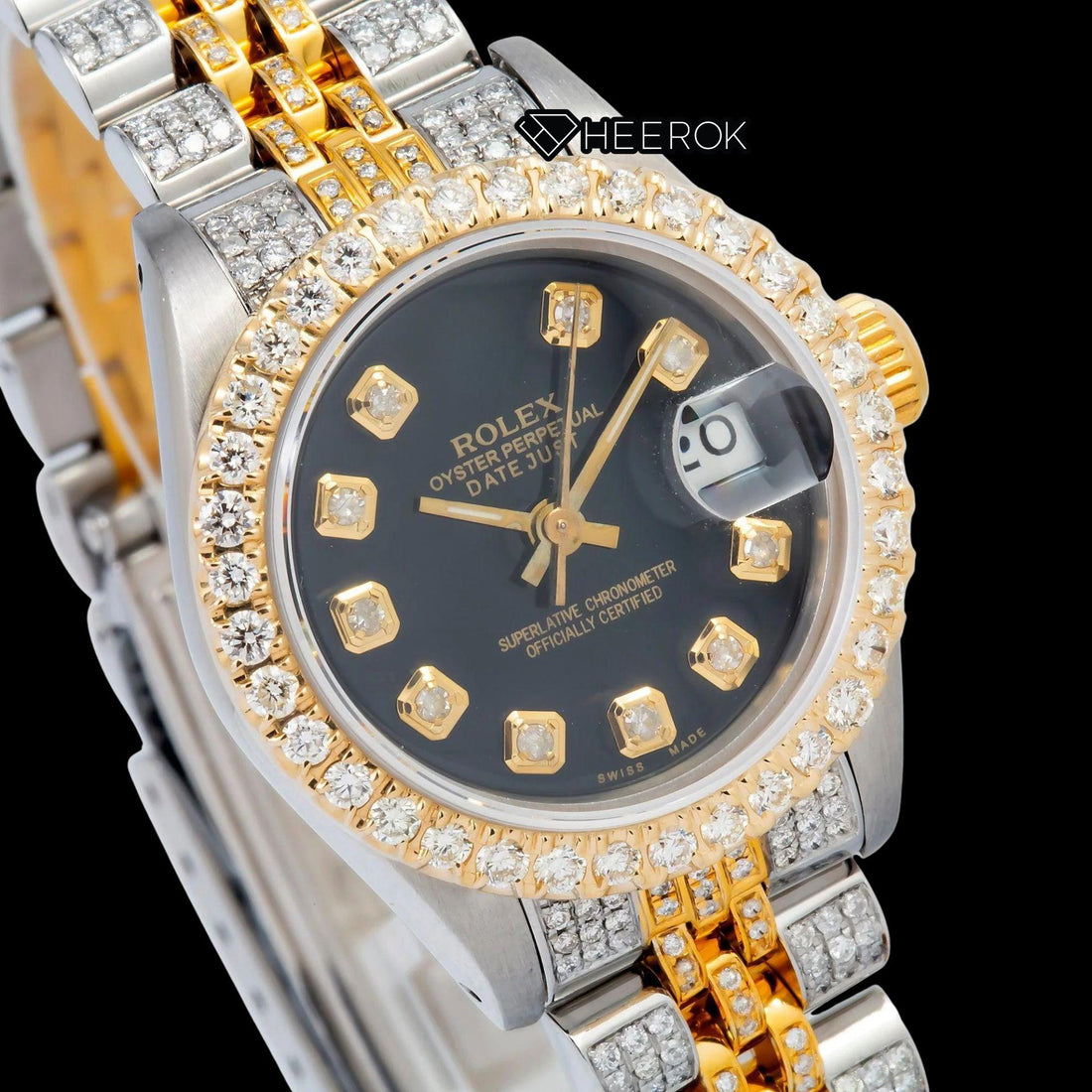 Rolex Datejust Black Dial Diamond Markers Large Diamond Bezel Two Tone Yellow Gold Moissanite Diamond Jubilee Bracelet Front View