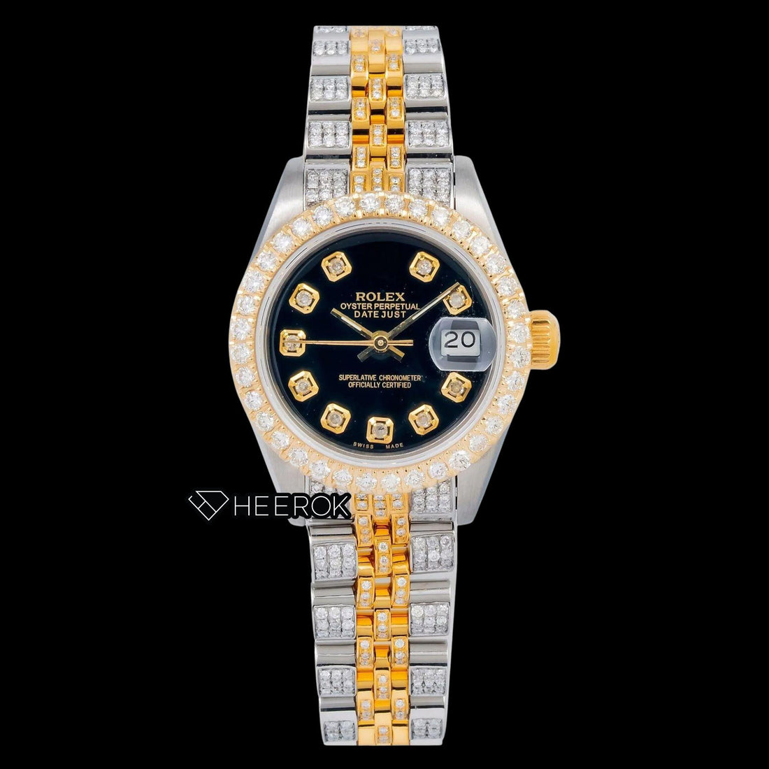 Rolex Datejust Black Dial Diamond Markers Large Diamond Bezel Two Tone Yellow Gold Moissanite Diamond Jubilee Bracelet Front View