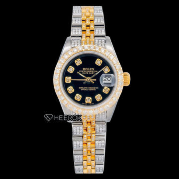 Rolex Datejust Black Dial Diamond Markers Large Diamond Bezel Two Tone Yellow Gold Moissanite Diamond Jubilee Bracelet Front View