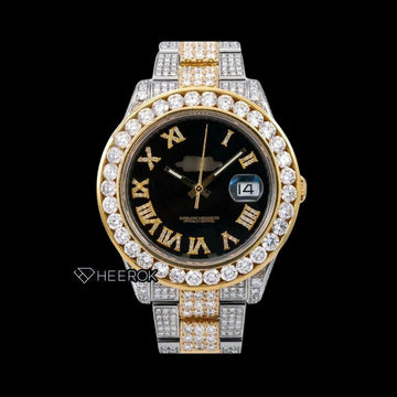 Rolex Datejust Black Dial Roman Diamond Numerals Diamond Bezel Two Tone Yellow Gold Fully Iced Moissanite Diamond Oyster Bracelet Front View