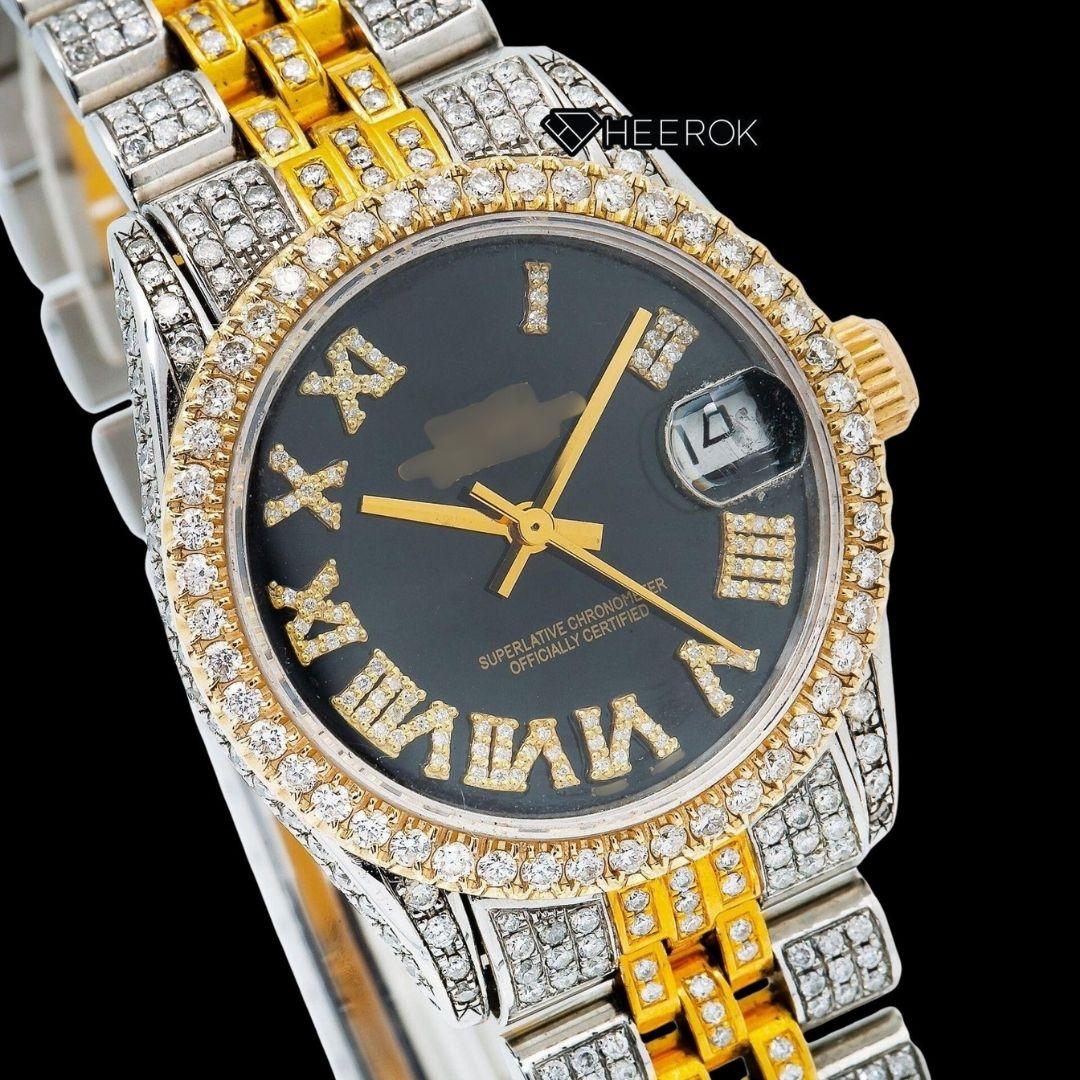 Rolex Datejust Black Dial Roman Diamond Numerals Diamond Bezel Two Tone Yellow Gold Moissanite Diamond Jubilee Bracelet For Women Front View.