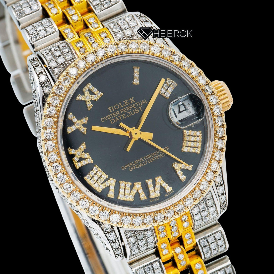 Rolex Datejust Black Dial Roman Diamond Numerals Diamond Bezel Two Tone Yellow Gold Moissanite Diamond Jubilee Bracelet Front View