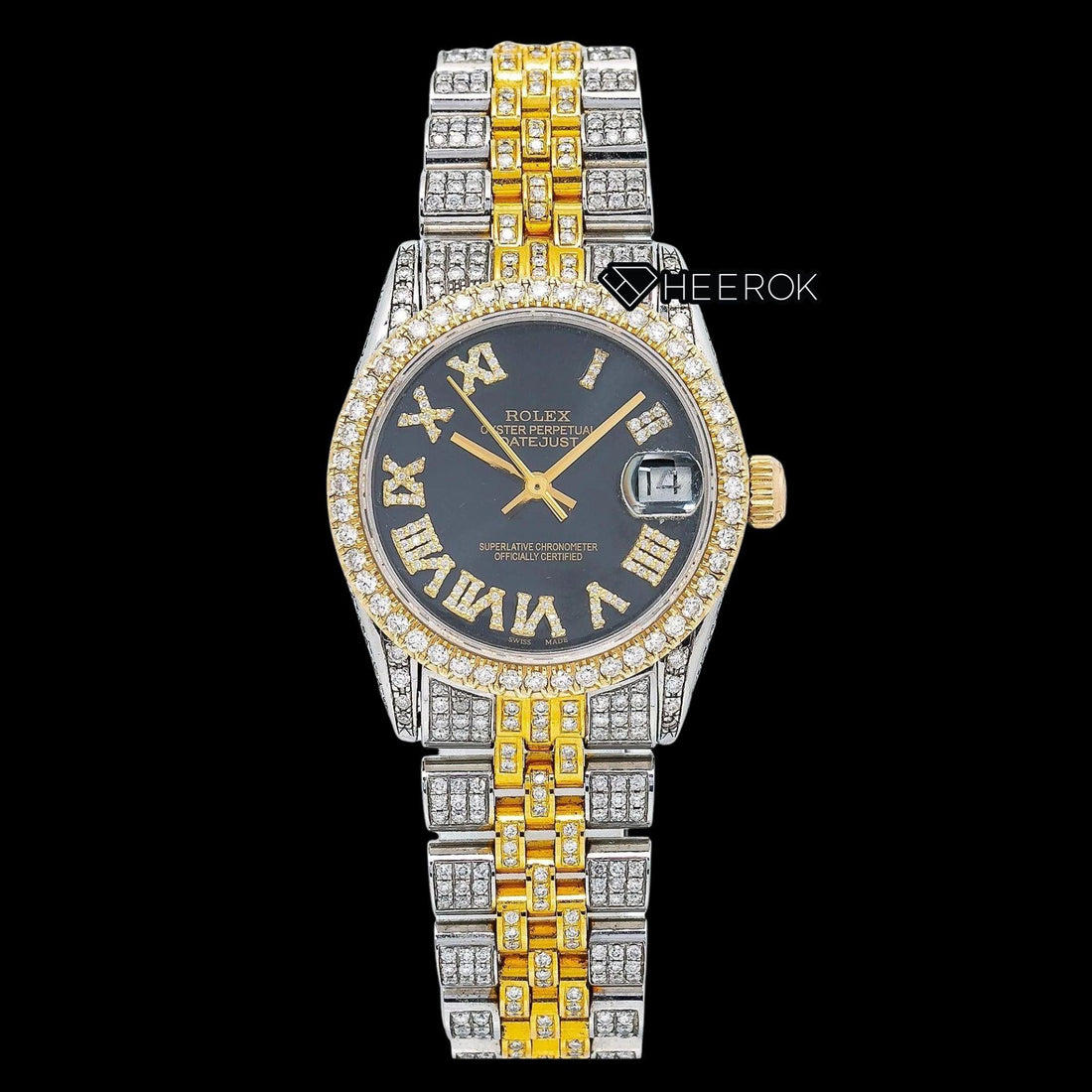 Rolex Datejust Black Dial Roman Diamond Numerals Diamond Bezel Two Tone Yellow Gold Moissanite Diamond Jubilee Bracelet Front View