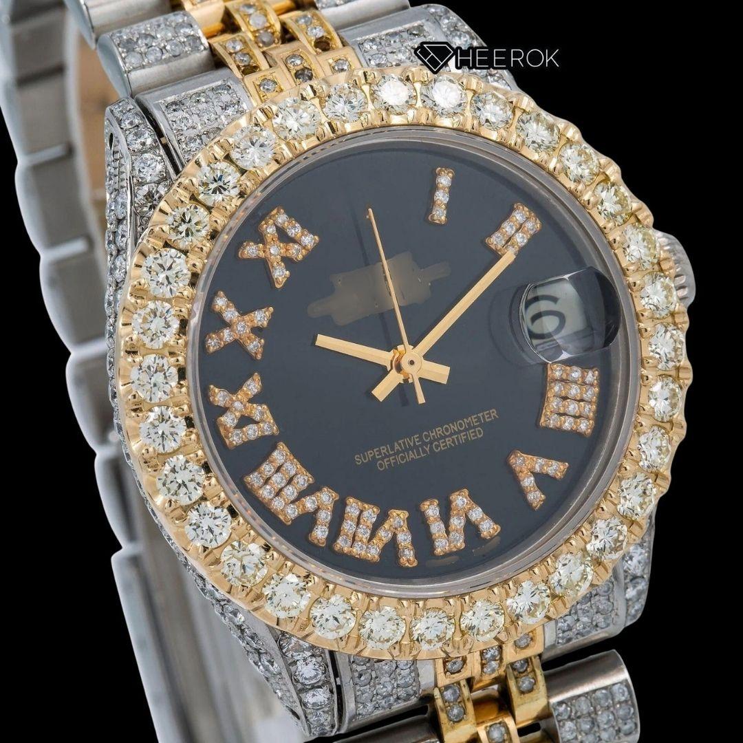 Rolex Datejust Black Dial Roman Diamond Numerals Large Diamond Bezel Two Tone Yellow Gold Moissanite Diamond Jubilee Bracelet For Women Front View.