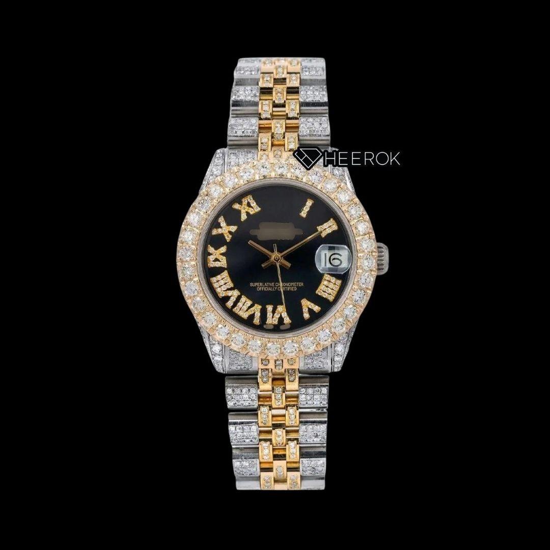 Rolex Datejust Black Dial Roman Diamond Numerals Large Diamond Bezel Two Tone Yellow Gold Moissanite Diamond Jubilee Bracelet For Women Front View.