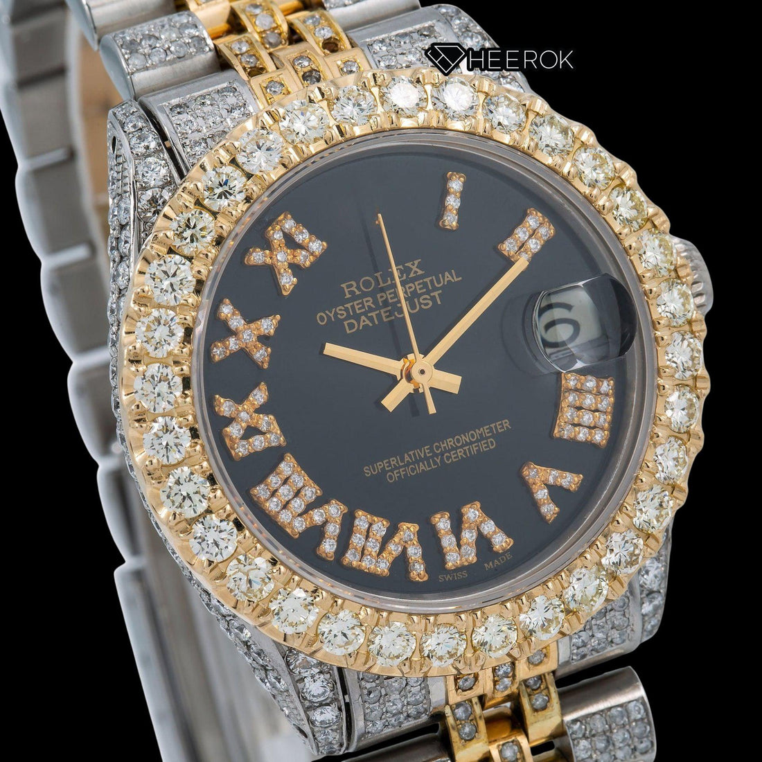 Rolex Datejust Black Dial Roman Diamond Numerals Large Diamond Bezel Two Tone Yellow Gold Moissanite Diamond Jubilee Bracelet Front View