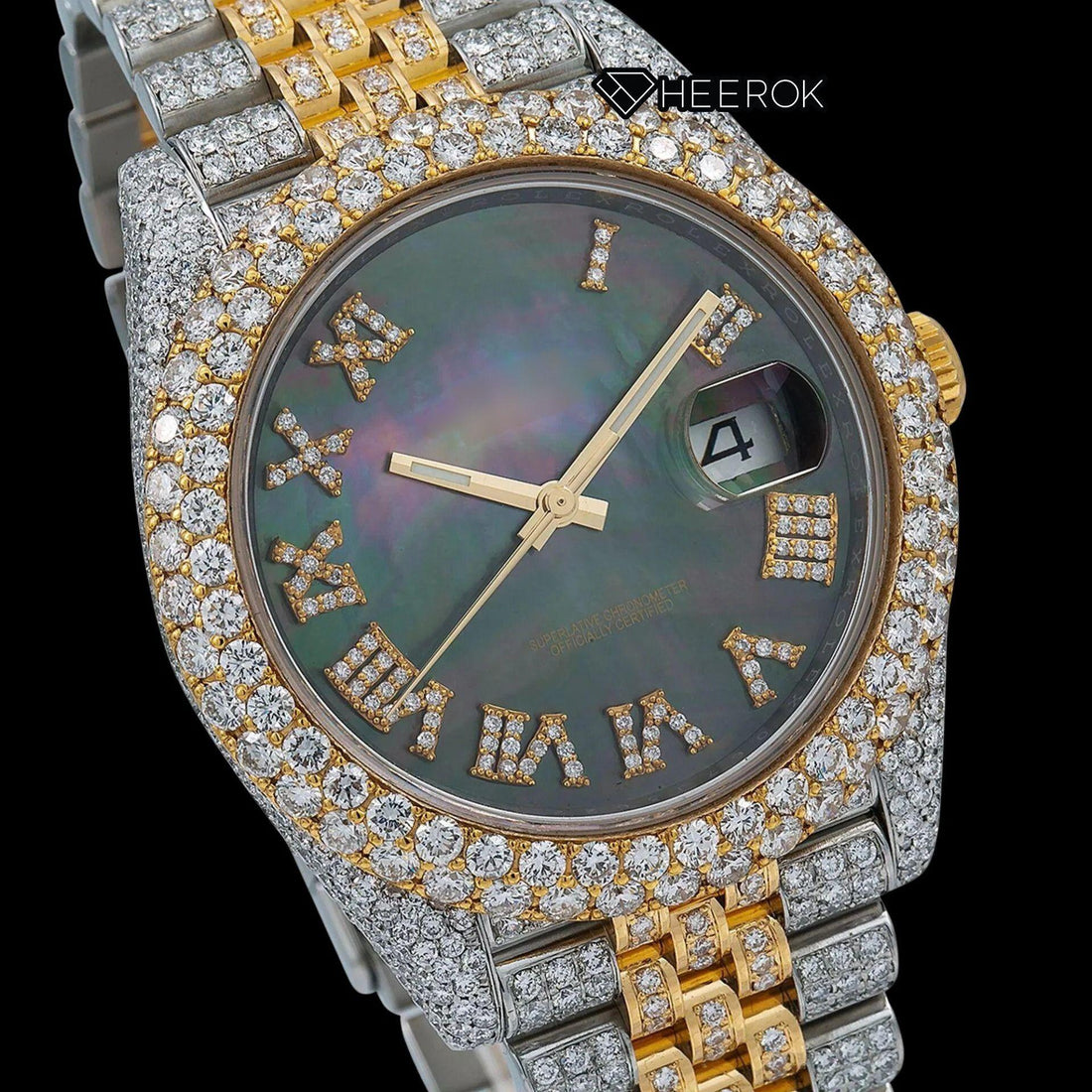 Rolex Datejust Black Dial Roman Numerals Diamond Bezel Two Tone Yellow Gold Moissanite Diamond Jubilee Bracelet Watch Front View