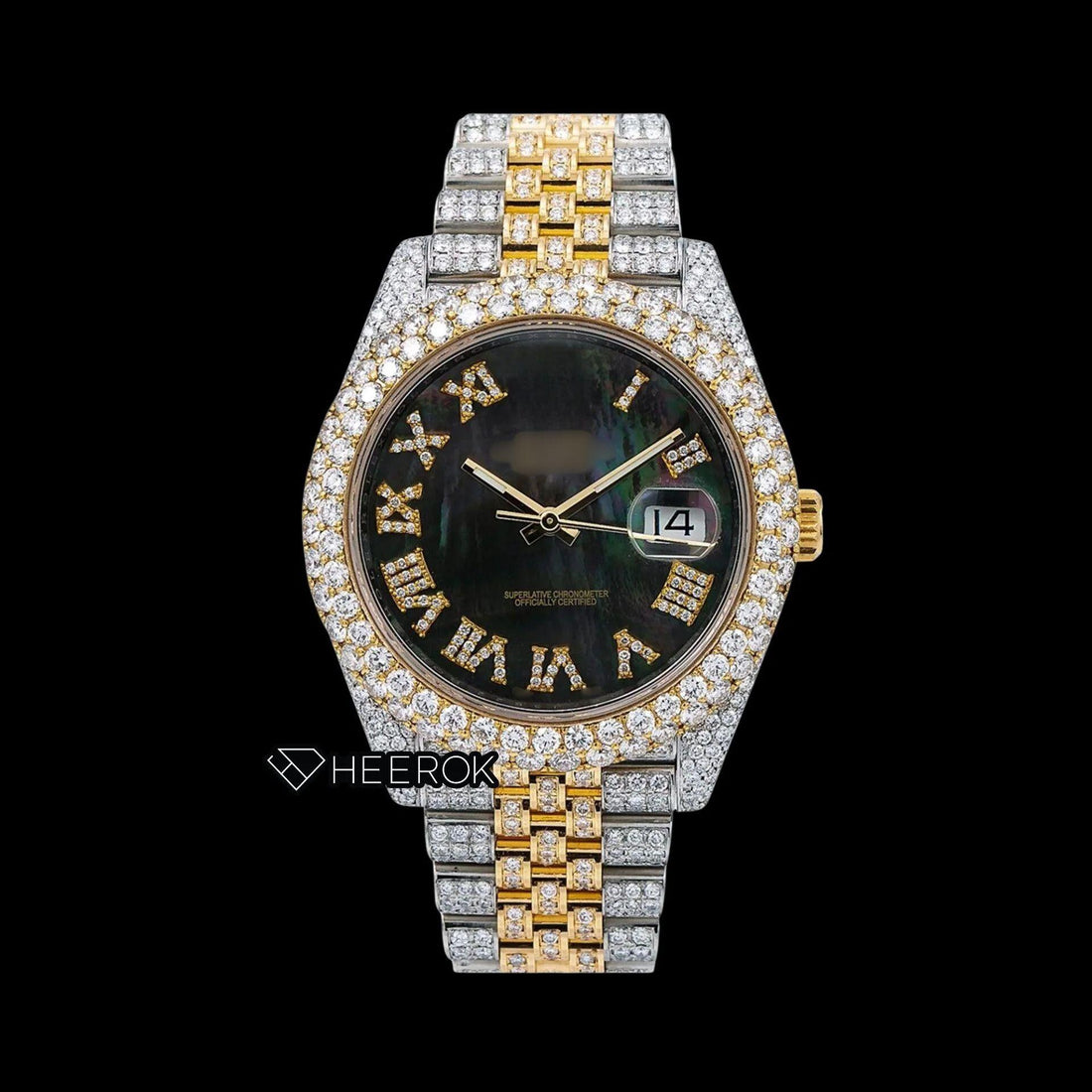 Rolex Datejust Black Dial Roman Numerals Diamond Bezel Two Tone Yellow Gold Moissanite Diamond Jubilee Bracelet Watch Front View