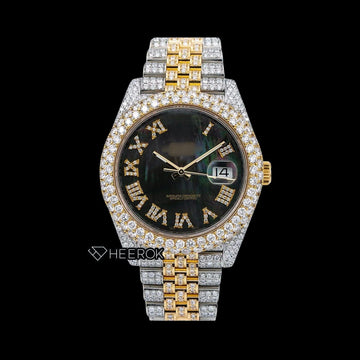 Rolex Datejust Black Dial Roman Numerals Diamond Bezel Two Tone Yellow Gold Moissanite Diamond Jubilee Bracelet Watch Front View