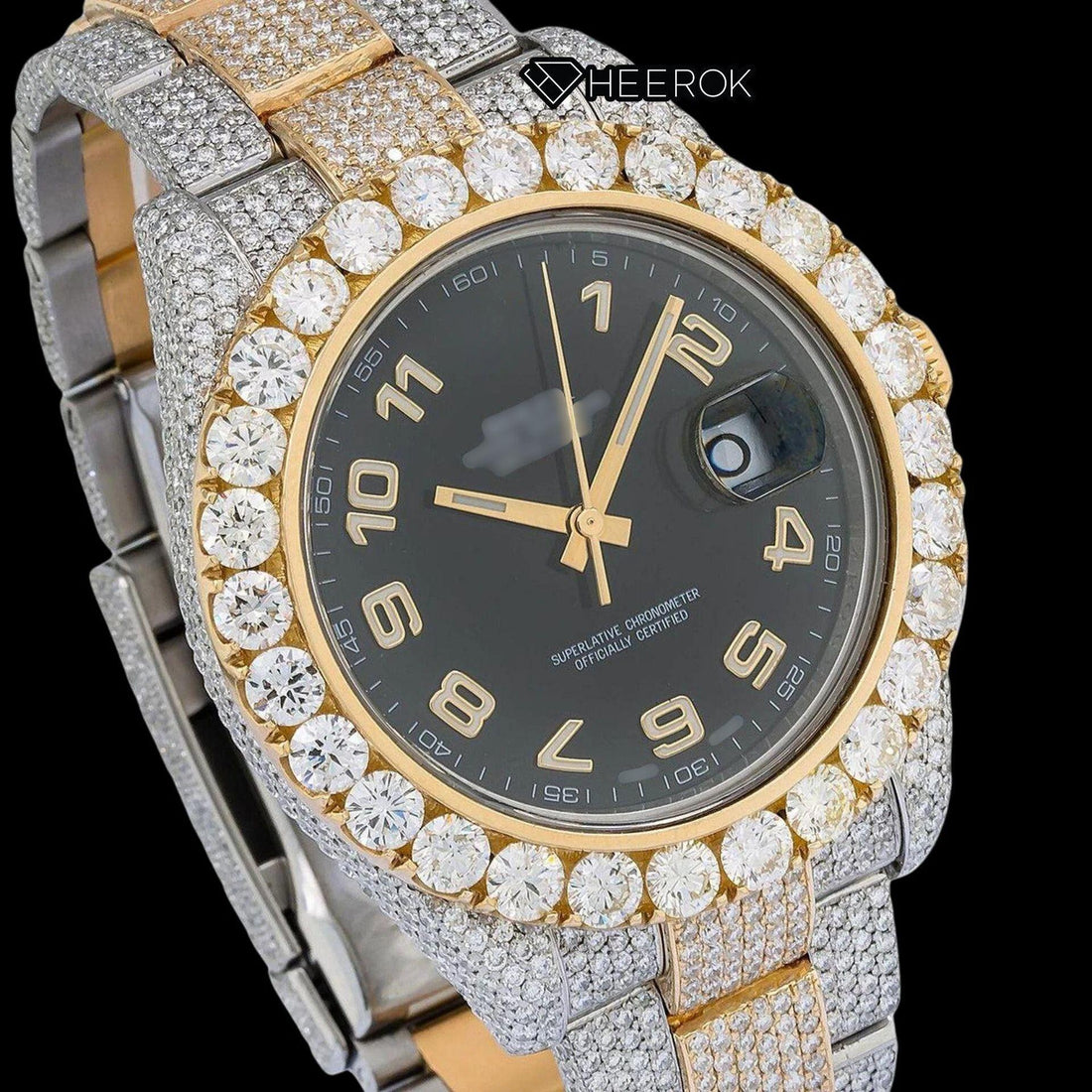 Rolex Datejust Black Dial Standard Numerals Large Round Diamond Bezel Two Tone Yellow Gold Fully Iced Moissanite Diamond Oyster Bracelet Watch Front View
