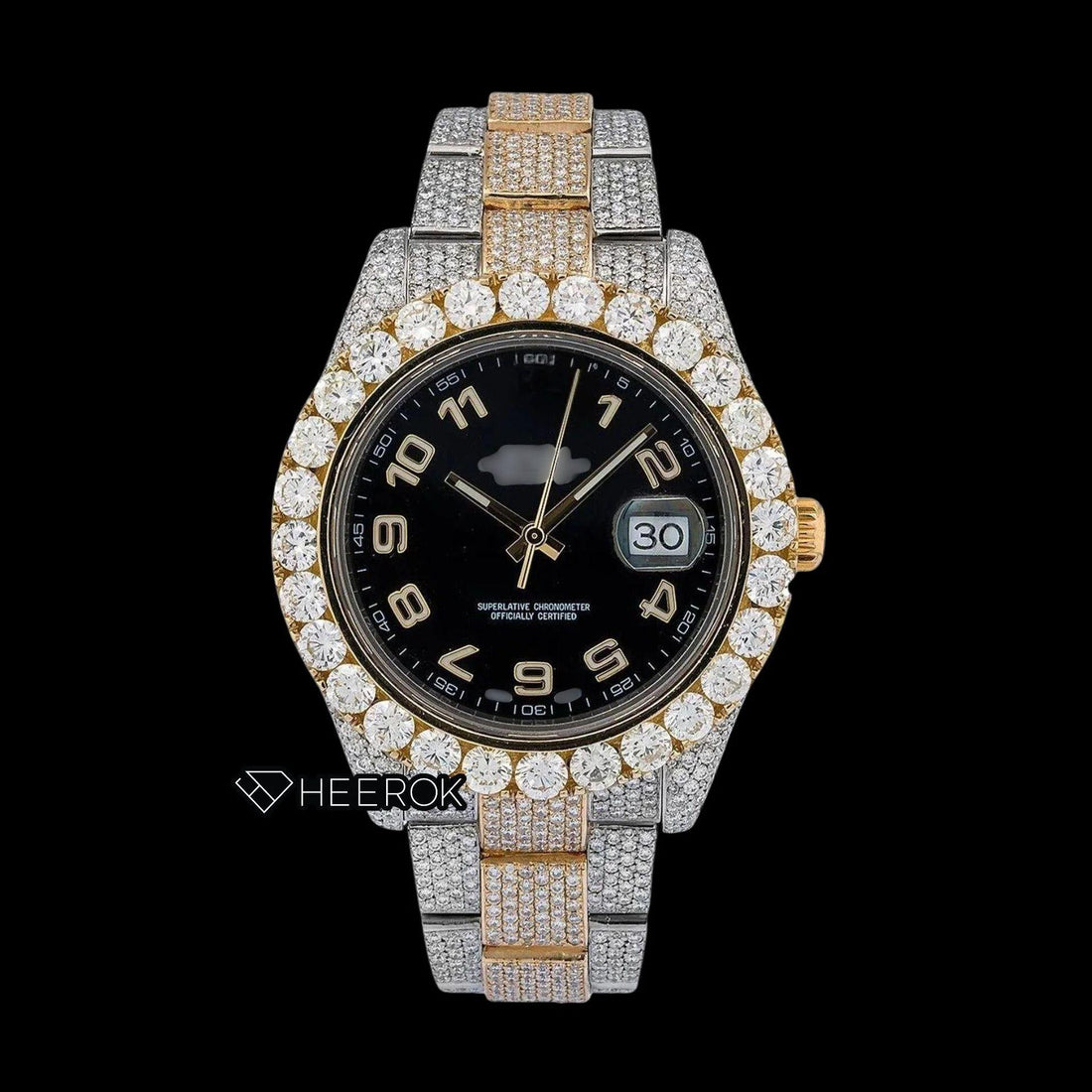Rolex Datejust Black Dial Standard Numerals Large Round Diamond Bezel Two Tone Yellow Gold Fully Iced Moissanite Diamond Oyster Bracelet Watch Front View