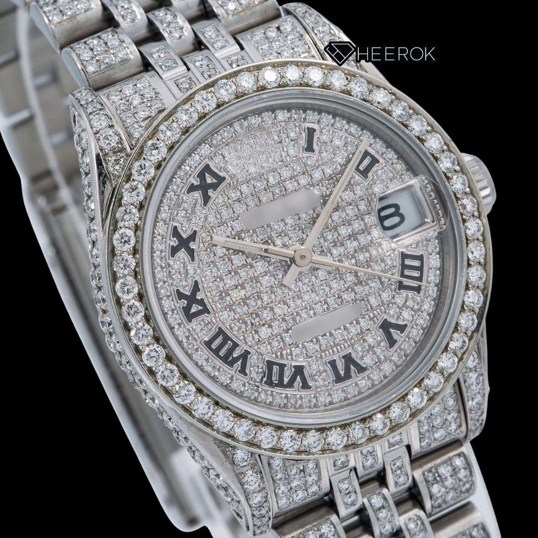 Rolex Datejust Black Roman Numerals Dial Diamond Bezel Fully Iced Moissanite Diamond Jubilee Bracelet For Women Front View.
